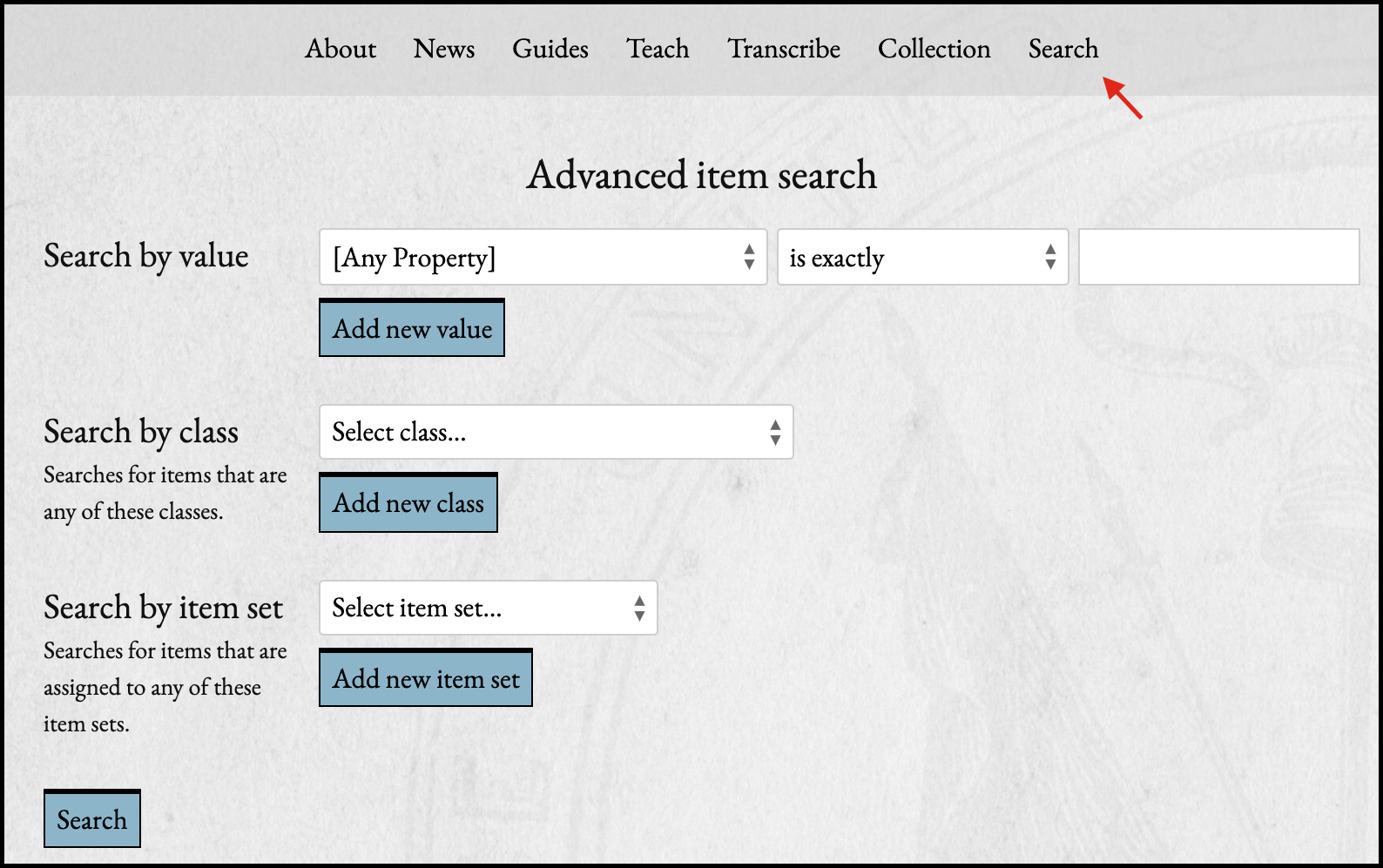 Screenshot of the advanced item search page. A red arrow points to the Search button in the main menu