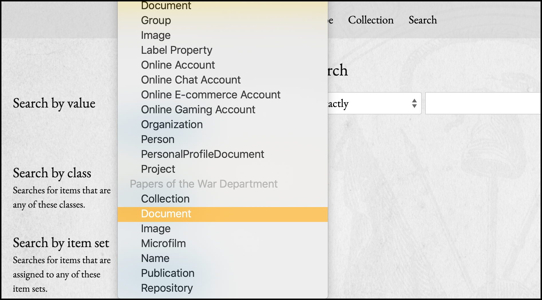 Detail screenshot of the "search by class" dropdown open with may options. The "document" option in the data types for Papers of the War Department is selected