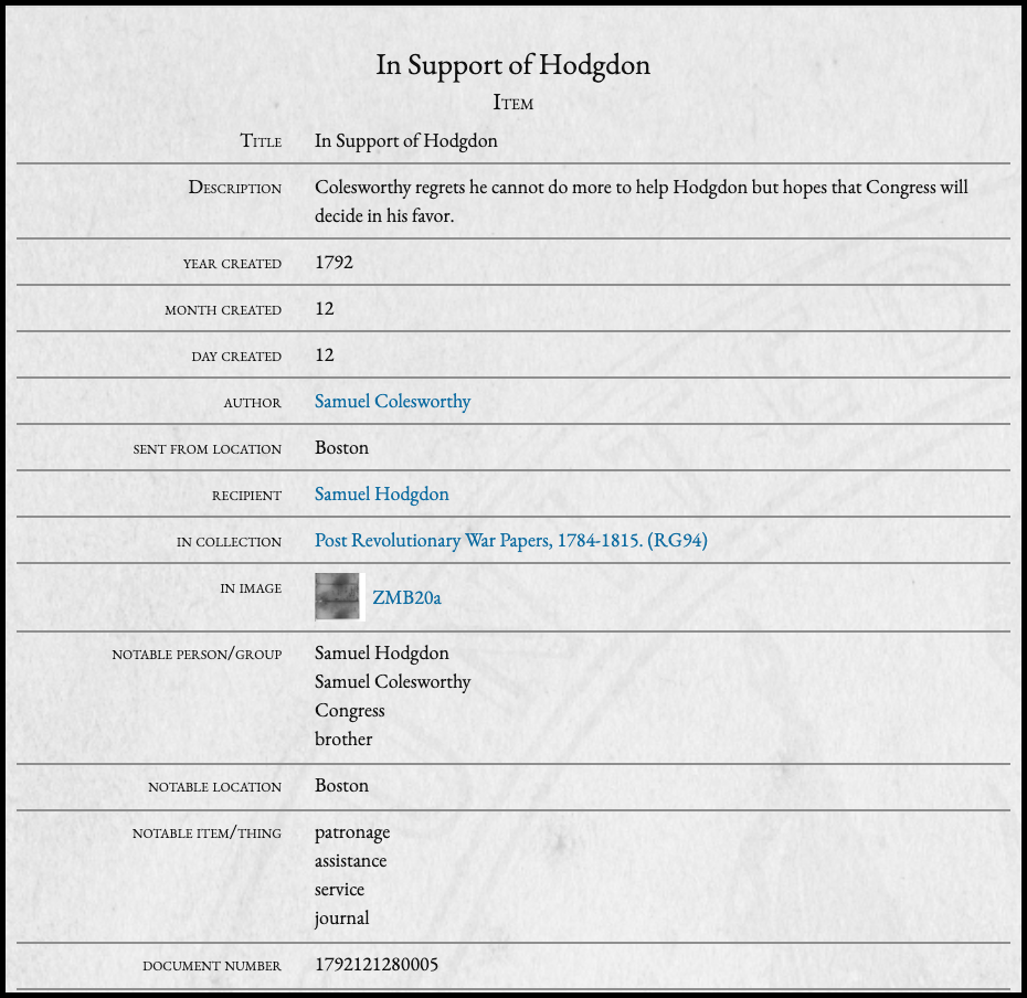 Screenshot of the document item "In Support of Hodgdon" with a view of the main informational metadata fields, including some which are links.