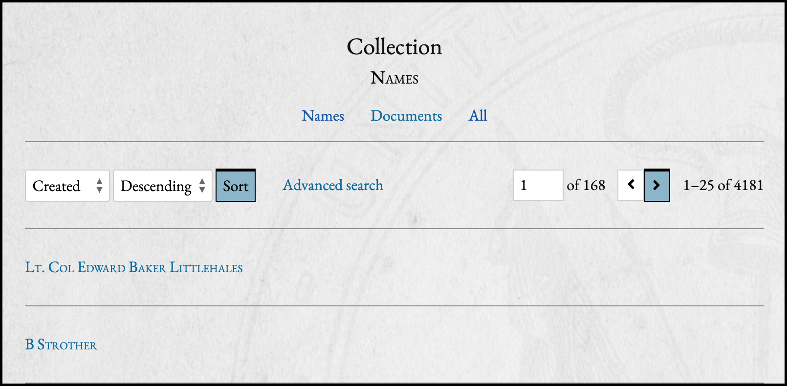 Collection page for names showing two records and the sort and pagination buttons
