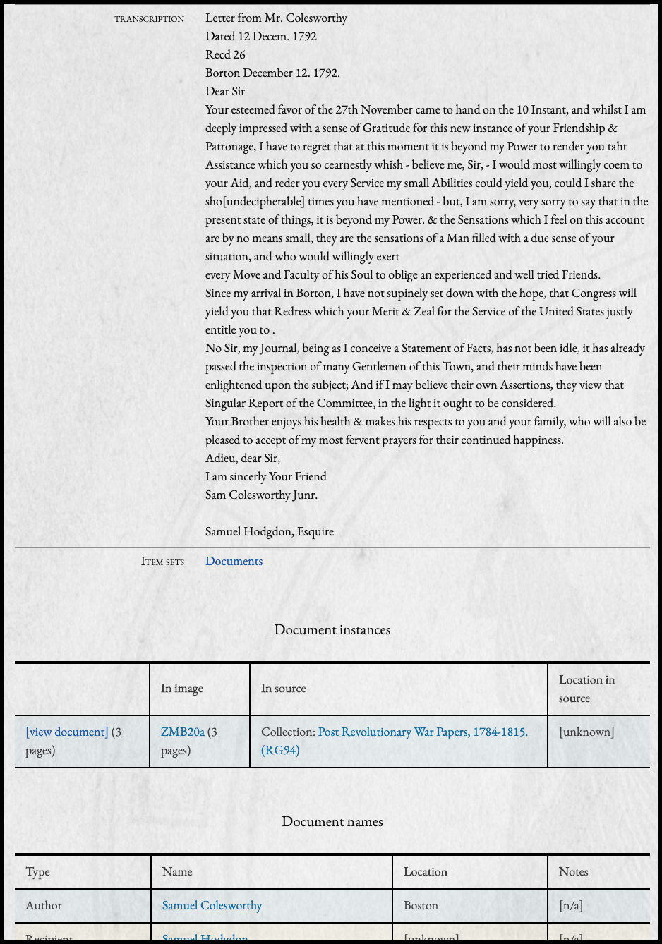 Screenshot of the document item "In Support of Hodgdon" with a view of the transcription metadata field and the links to document instances.