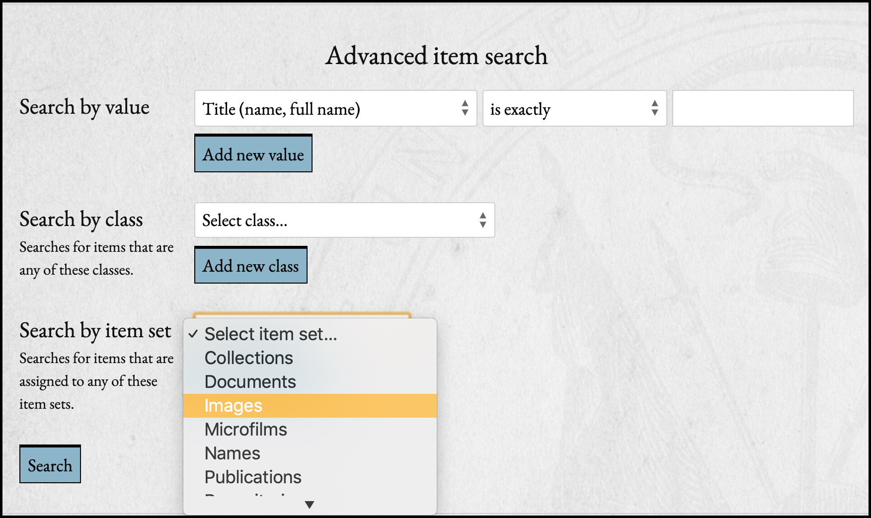 Detail screenshot of an advanced item search. The value is set to search "Title (name, full name)" and the Search by Item Set dropdown is open to select the Images item set.