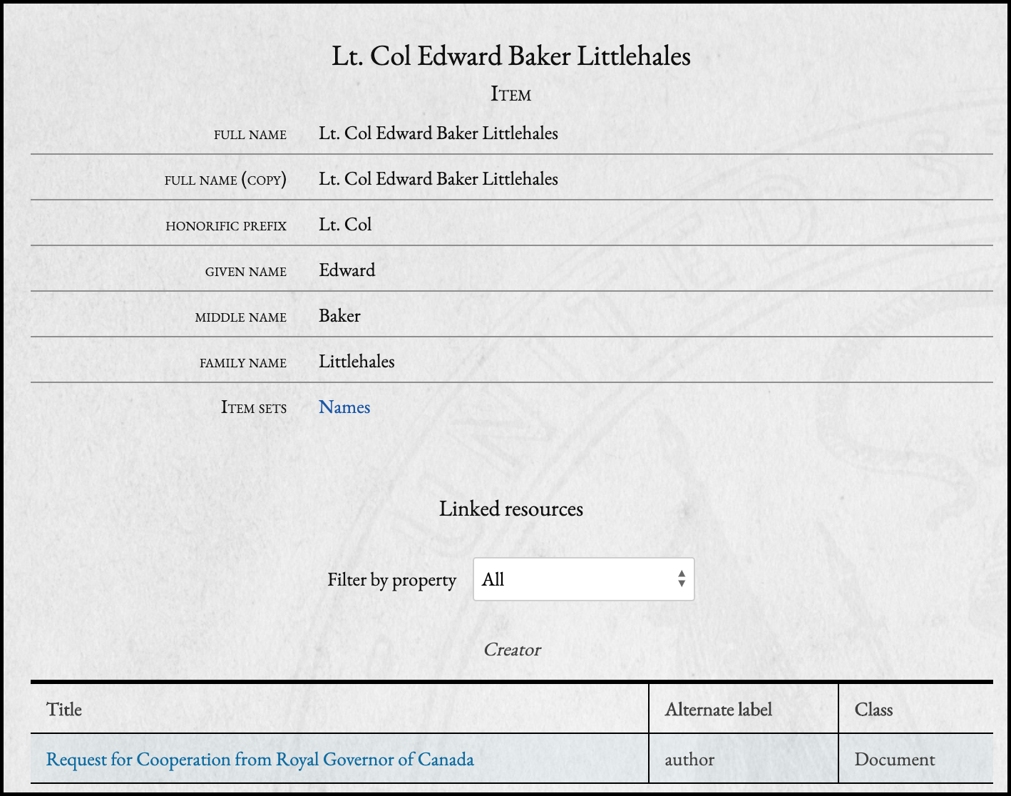 Screenshot of a person item page with the metadata for their names and title, and a table of linked resources