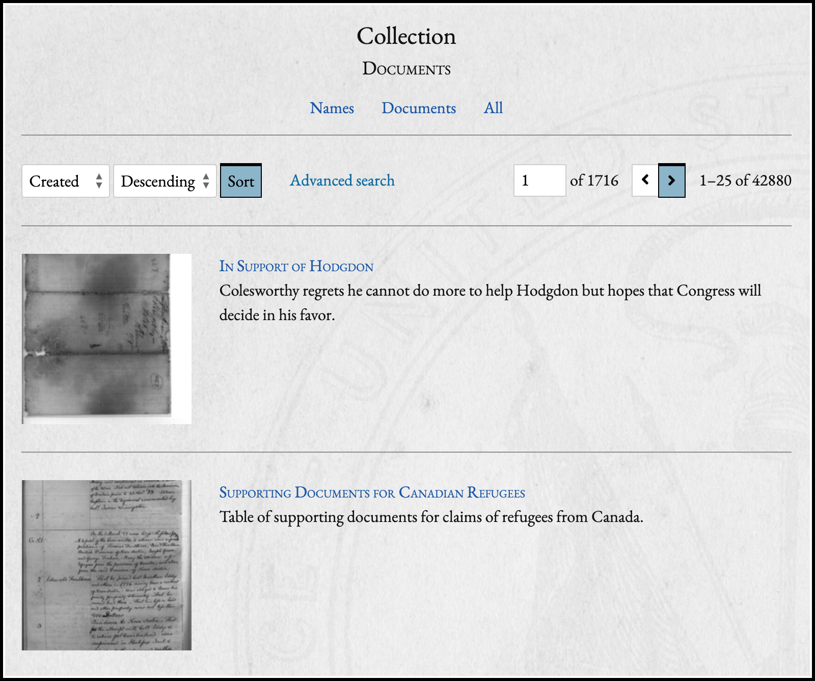 Browse page for Documents collection showing two items with large thumbnails