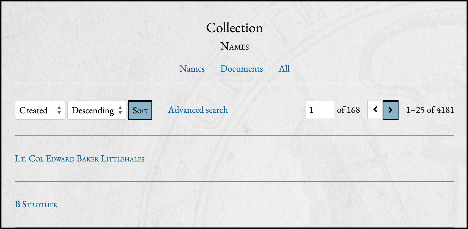 Browse Names interface showing sort and pagination controls