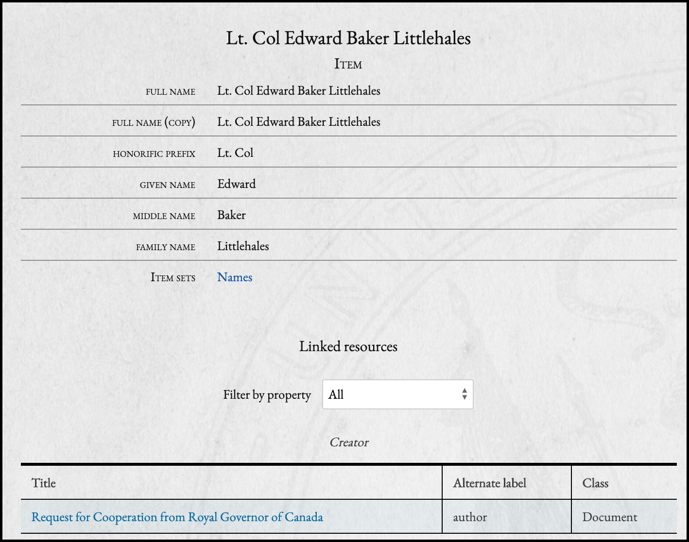 Person detail page with metadata and linked documents