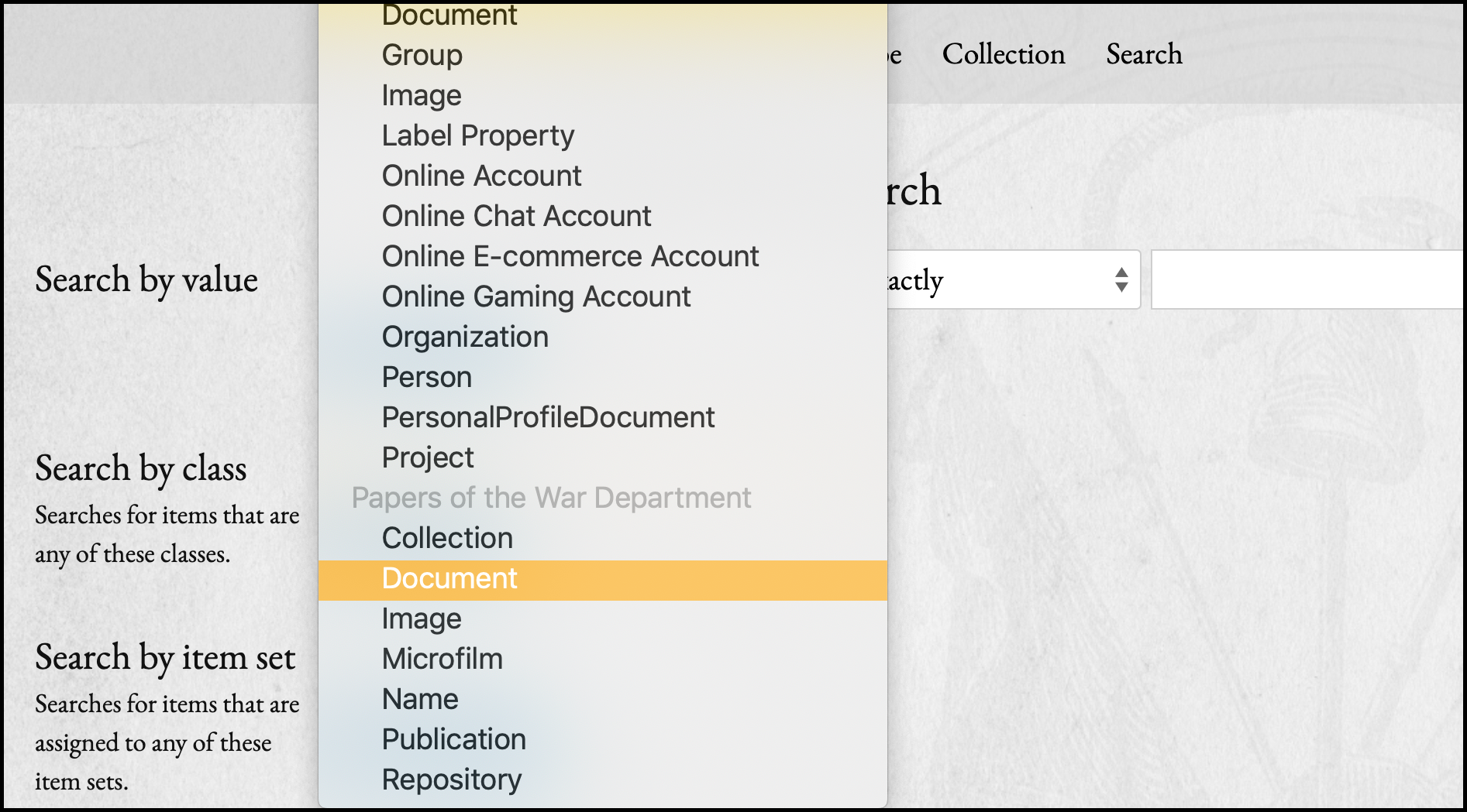 Search by class dropdown